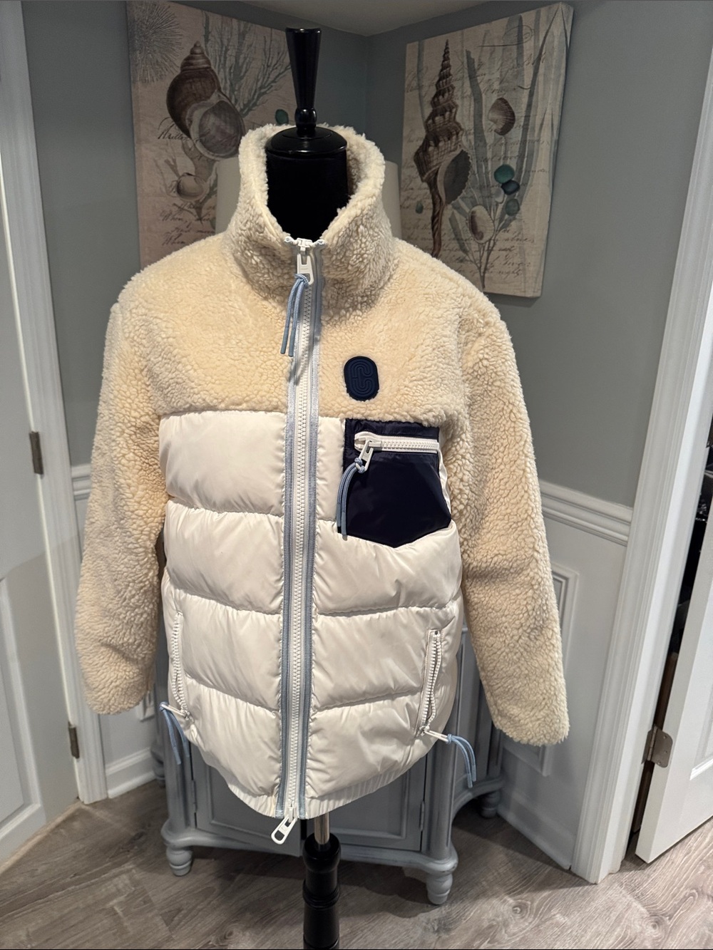 Coach Cream White Puffer Sherpa Jacket with Navy Pocket
